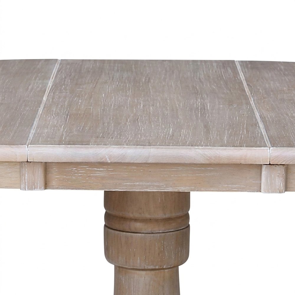 Extendable Round Pedestal Counter and Dining Height Table, Washed Gray Taupe