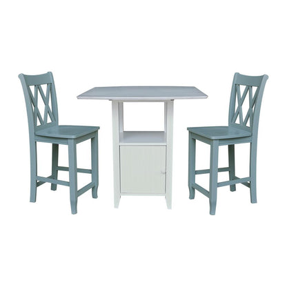 Dual Drop Leaf Bistro Table Counter Height With Storage, 2 Counter Height Stools