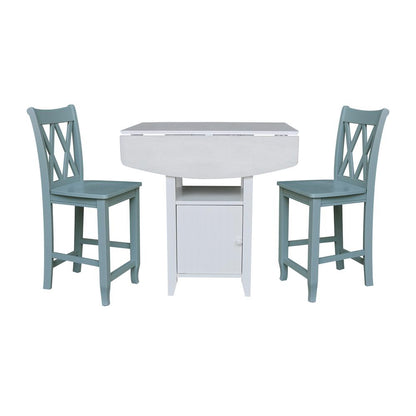 Dual Drop Leaf Bistro Table Counter Height With Storage, 2 Counter Height Stools