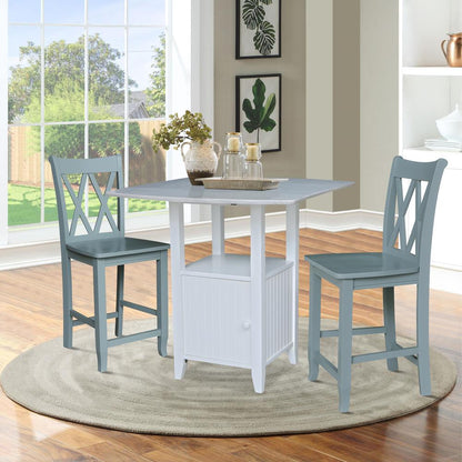 Dual Drop Leaf Bistro Table Counter Height With Storage, 2 Counter Height Stools