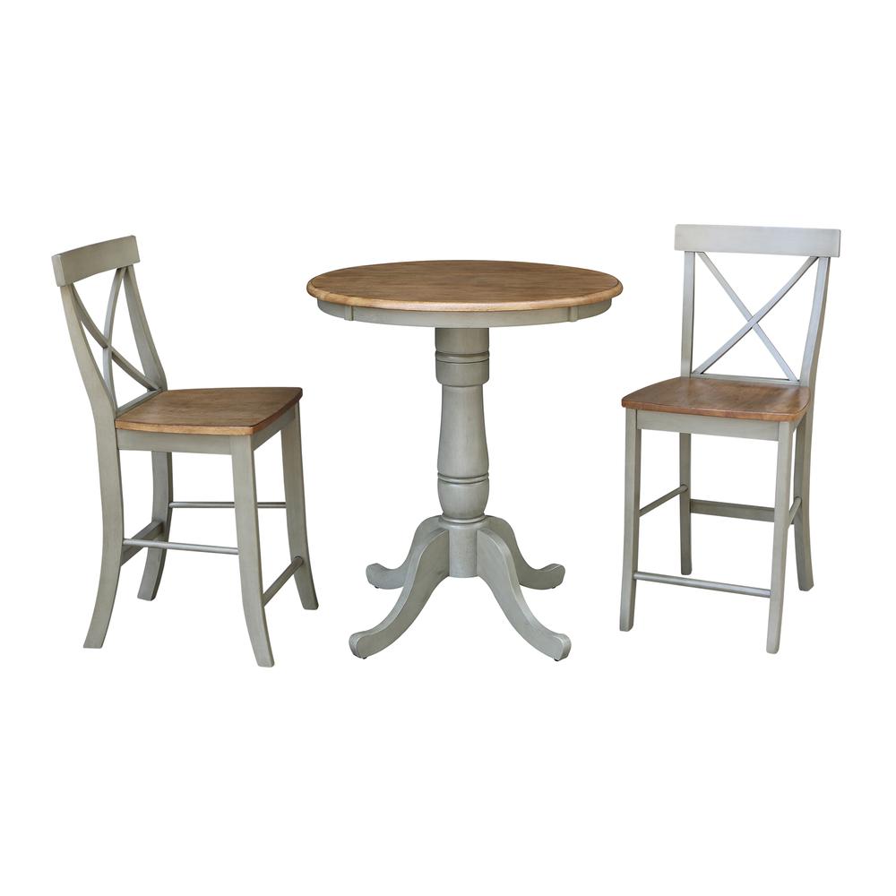 30" Round Pedestal Gathering Height Table With 2 X-Back Counter Height Stools
