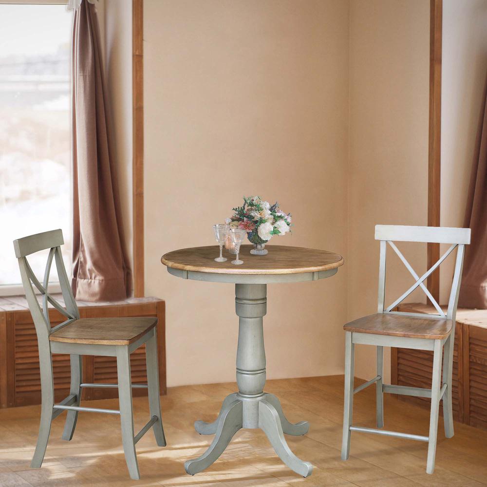 30" Round Pedestal Gathering Height Table With 2 X-Back Counter Height Stools