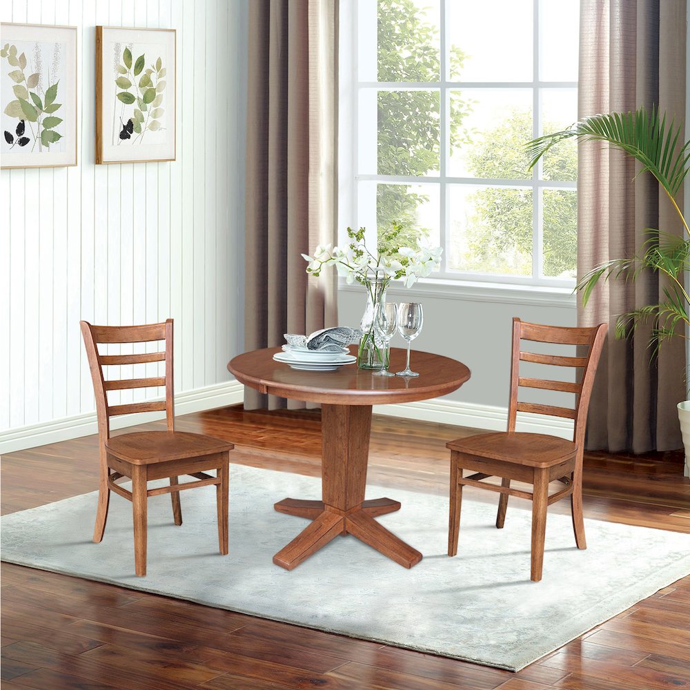 36 in Round Dining Table with 12 in Leaf and 2 Dining Chairs - 3 Piece Set