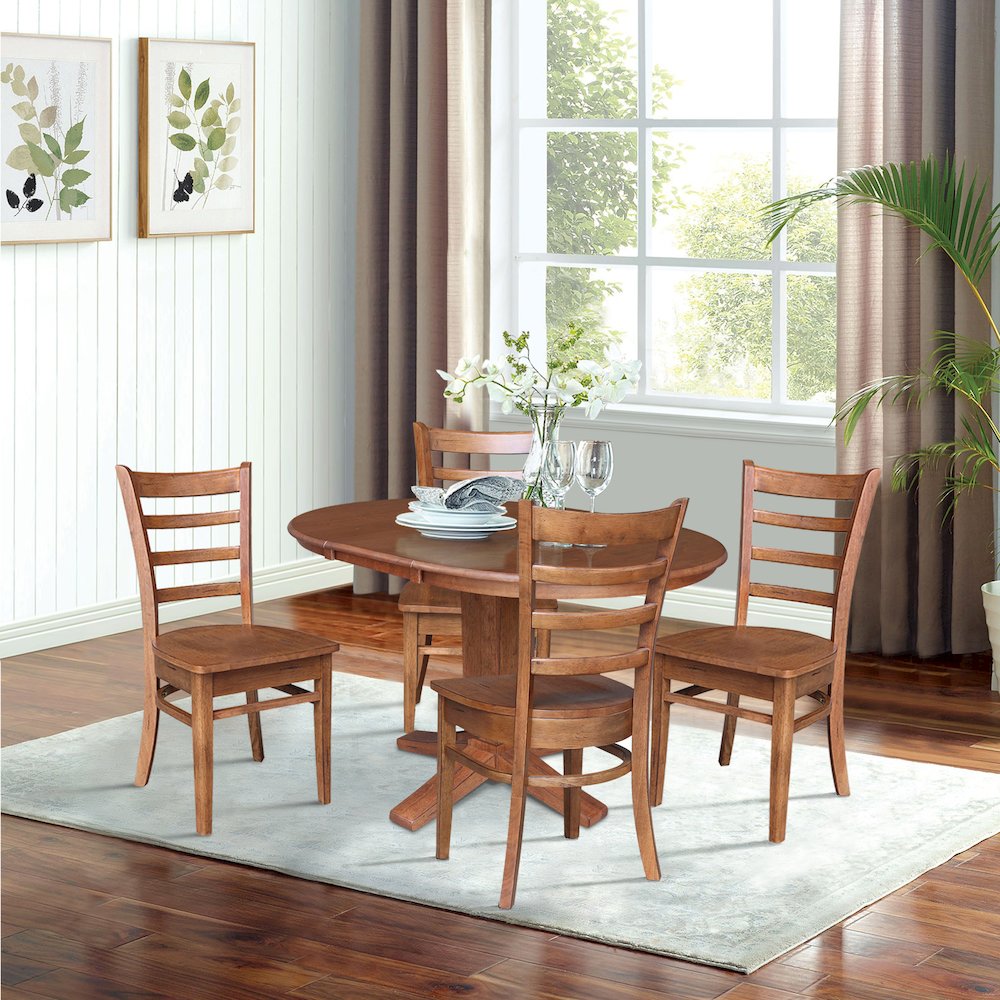36 in Round Dining Table with 12 in Leaf and 4 Dining Chairs - 5 Piece Set