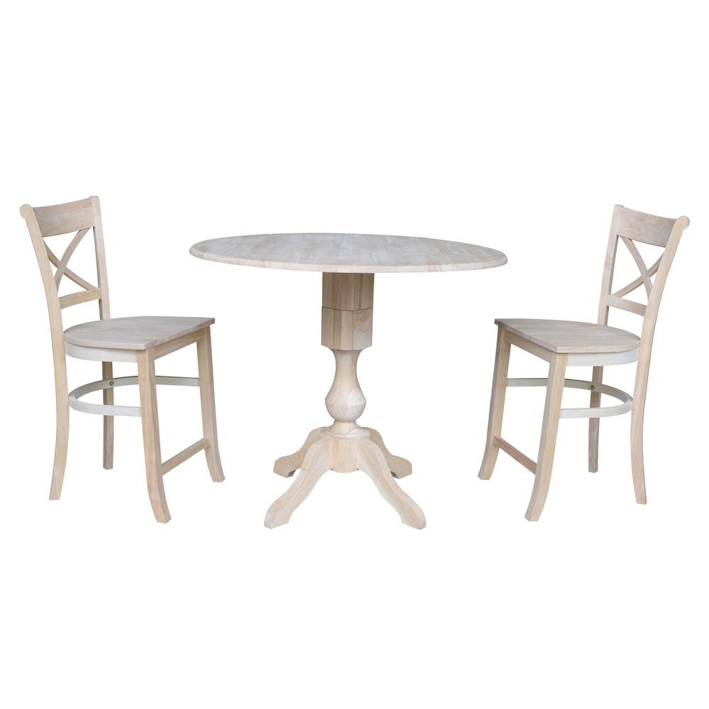 42" Round Pedestal Gathering Height Table with Two Counter Height Stools, Unfinished, Ready to finish
