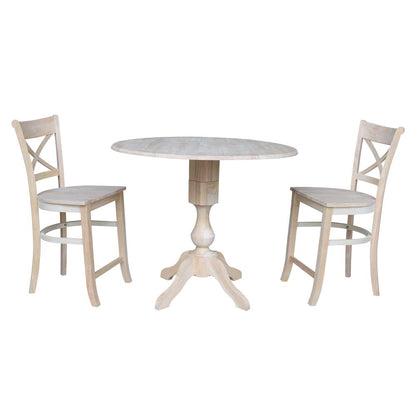 42" Round Pedestal Gathering Height Table with Two Counter Height Stools, Unfinished, Ready to finish