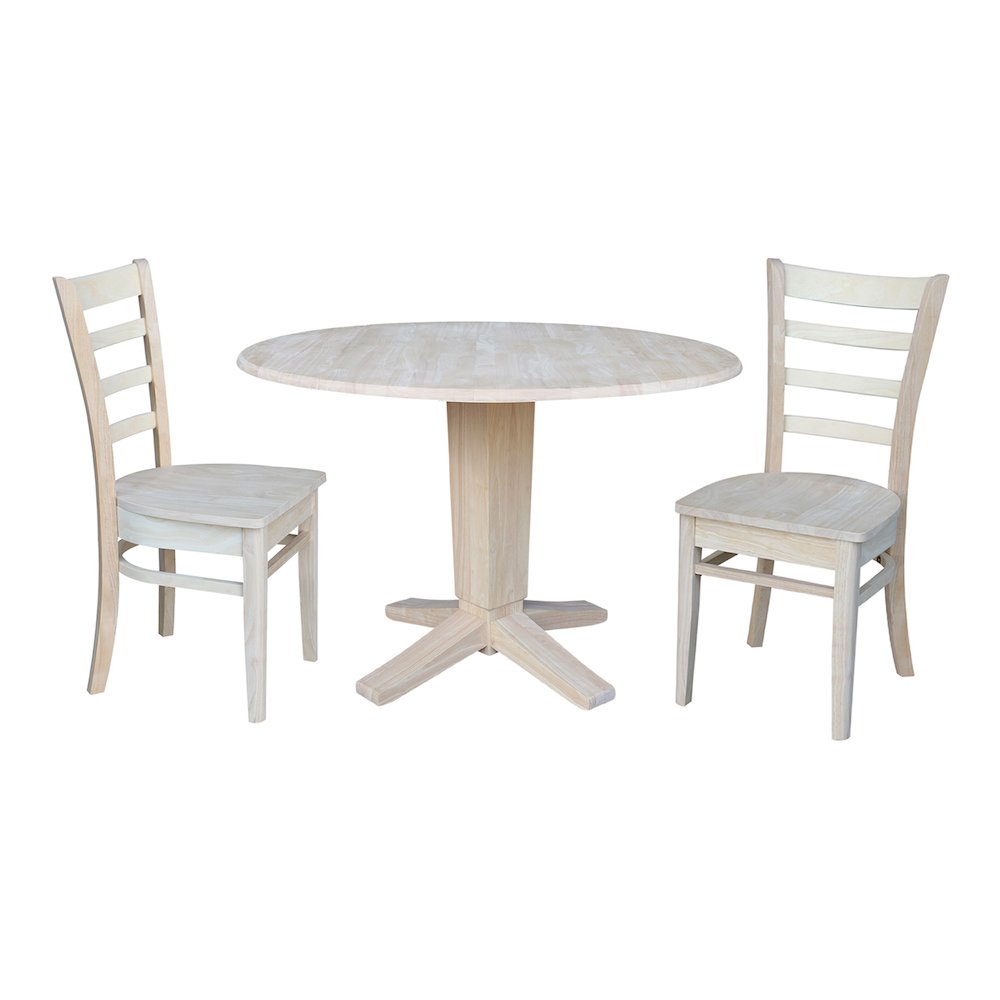42 in Pedestal Table with 2 Dining Chairs in Unfinished - 3 Piece Set