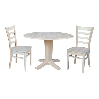 42 in Pedestal Table with 2 Dining Chairs in Unfinished - 3 Piece Set