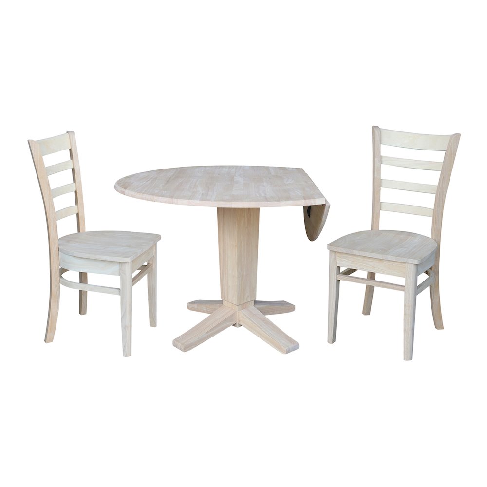42 in Pedestal Table with 2 Dining Chairs in Unfinished - 3 Piece Set