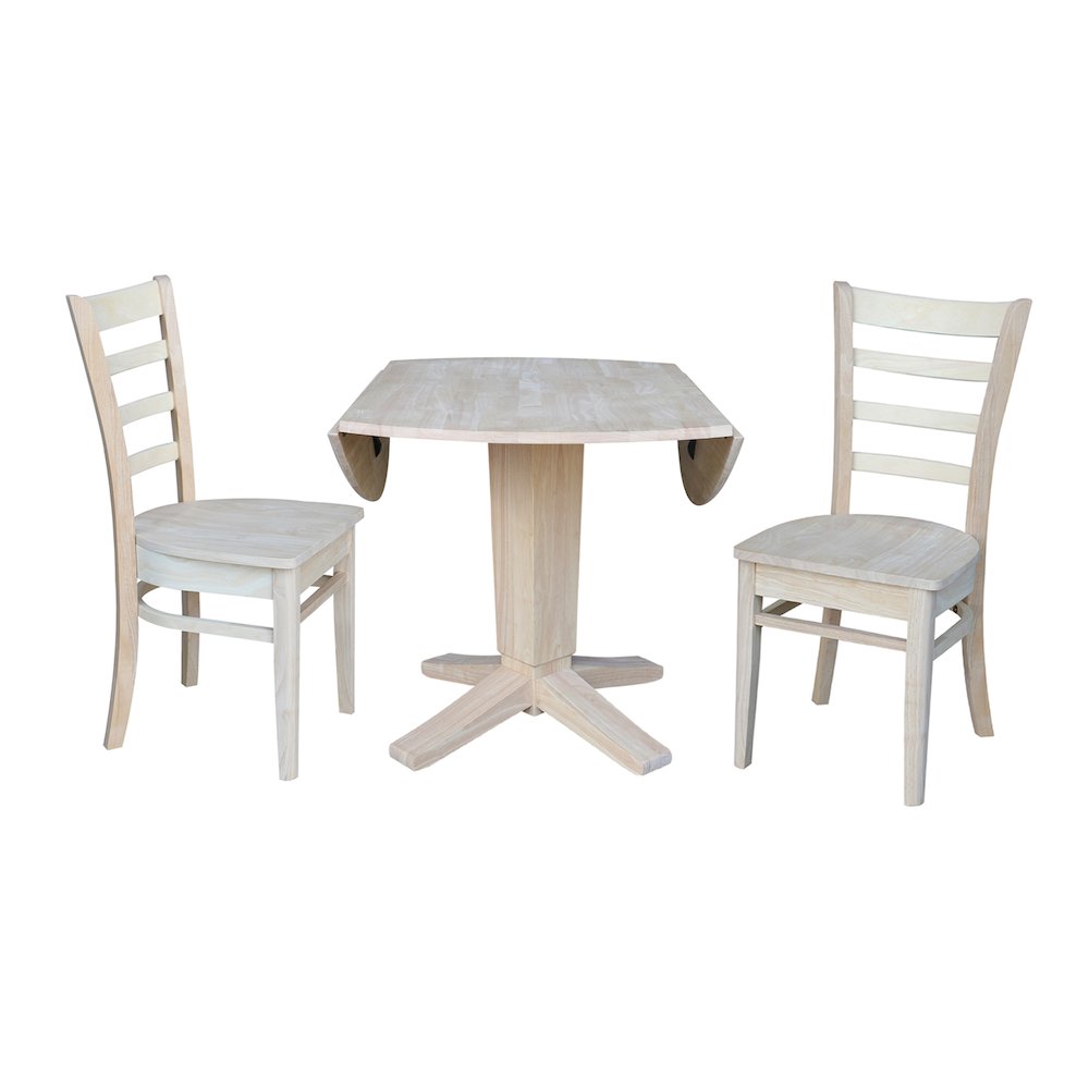 42 in Pedestal Table with 2 Dining Chairs in Unfinished - 3 Piece Set