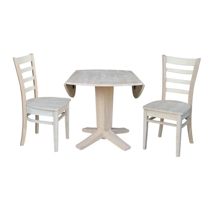 42 in Pedestal Table with 2 Dining Chairs in Unfinished - 3 Piece Set
