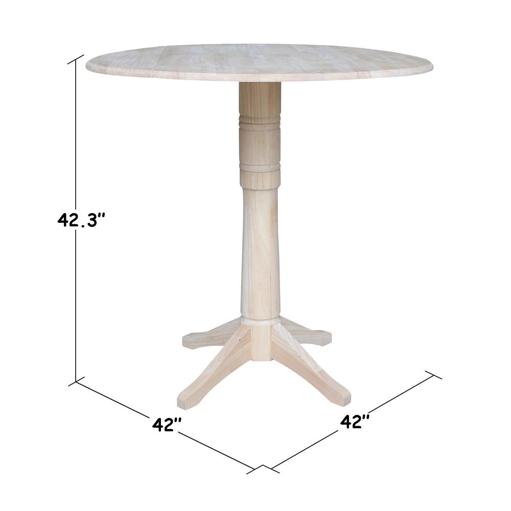 42" Round Pedestal Bar Height Table with Two Bar Height Stools, Unfinished, Ready to finish