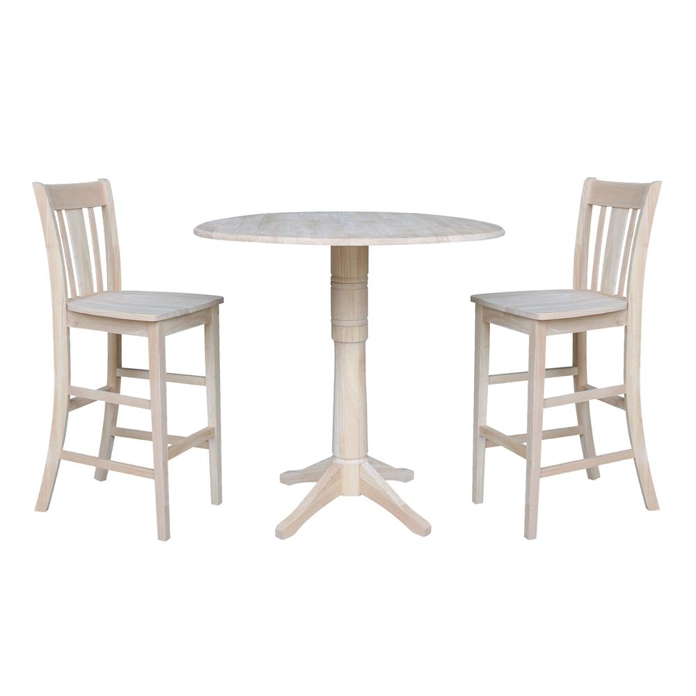 42" Round Pedestal Bar Height Table with Two Bar Height Stools, Unfinished, Ready to finish