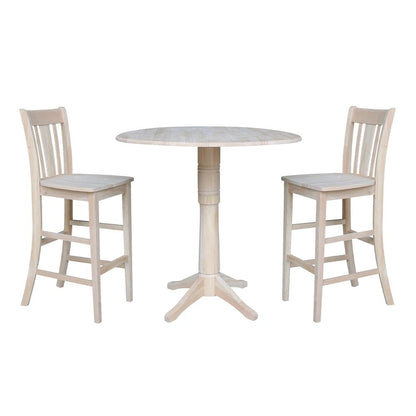 42" Round Pedestal Bar Height Table with Two Bar Height Stools, Unfinished, Ready to finish