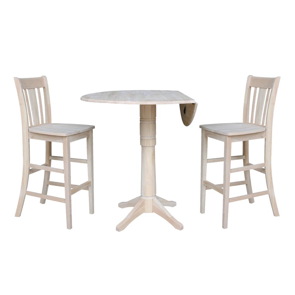 42" Round Pedestal Bar Height Table with Two Bar Height Stools, Unfinished, Ready to finish