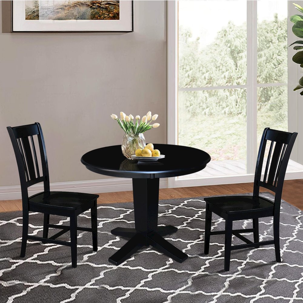 36 in Round Top Pedestal Dining Table with 2 Dining Chairs in Black - 3 Pcs Set