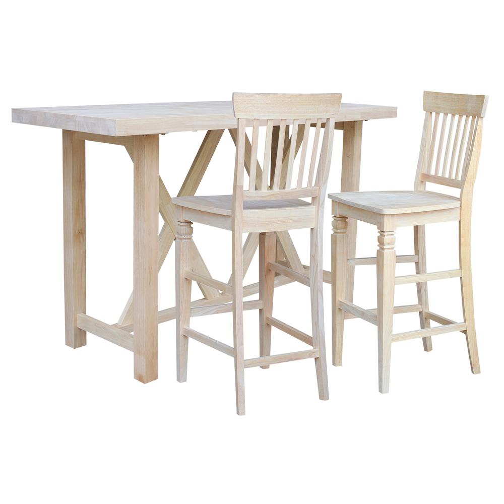 Bar Height Table With 2 Slat Back Bar Stools - 30 in. Seat Height