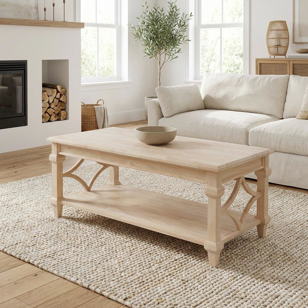 Unfinished Parawood Coffee Table with Brown Finish and Easy Care Surface