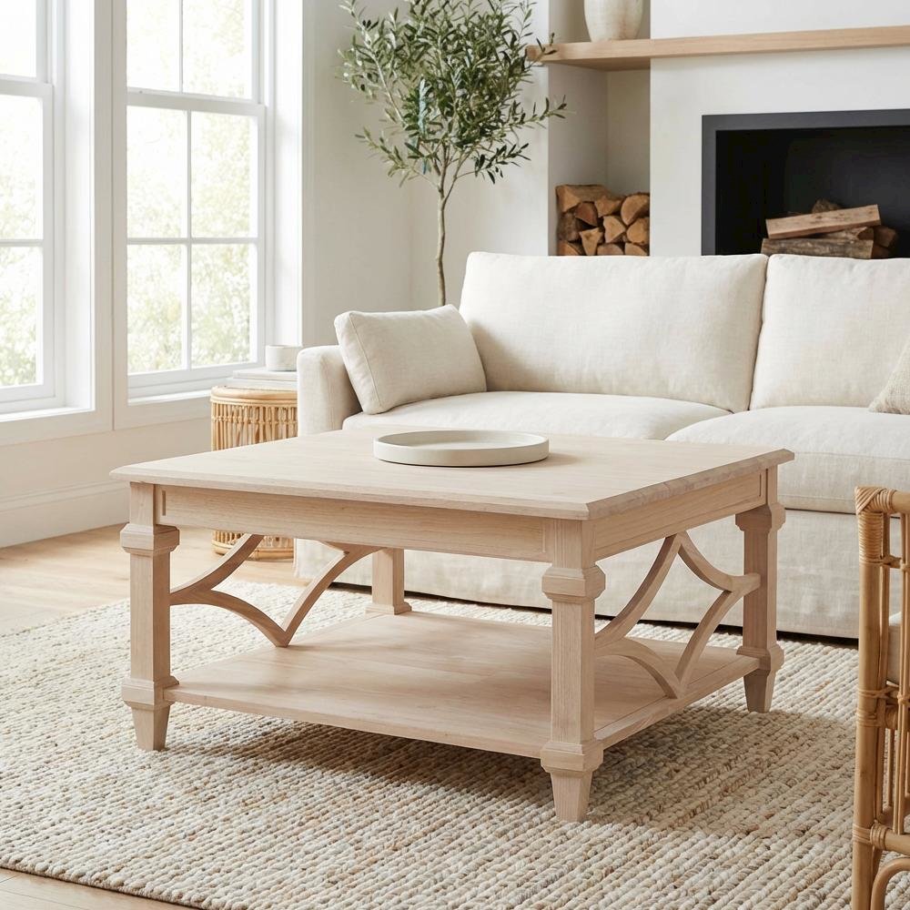 Unfinished Parawood Square Coffee Table with Sturdy Frame and Wipe-Clean Surface