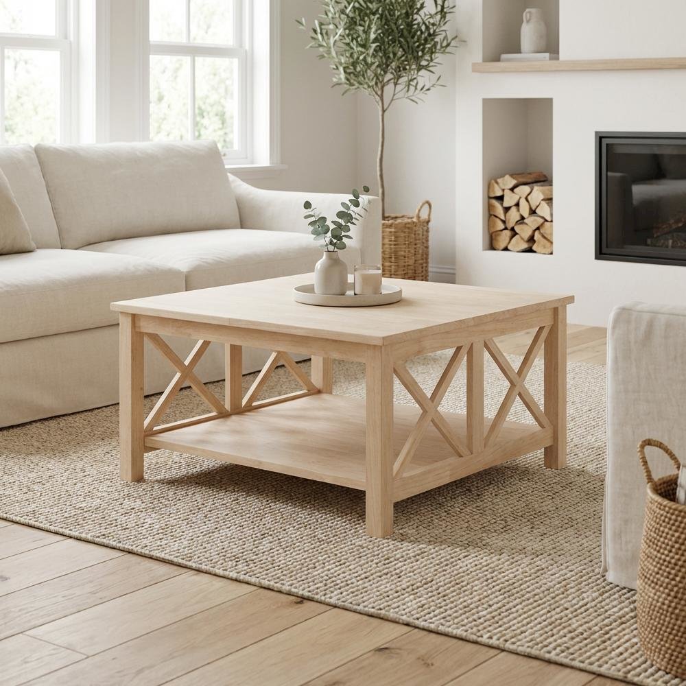 Unfinished Hardwood Coffee Table with Sturdy Construction and Smooth Surface