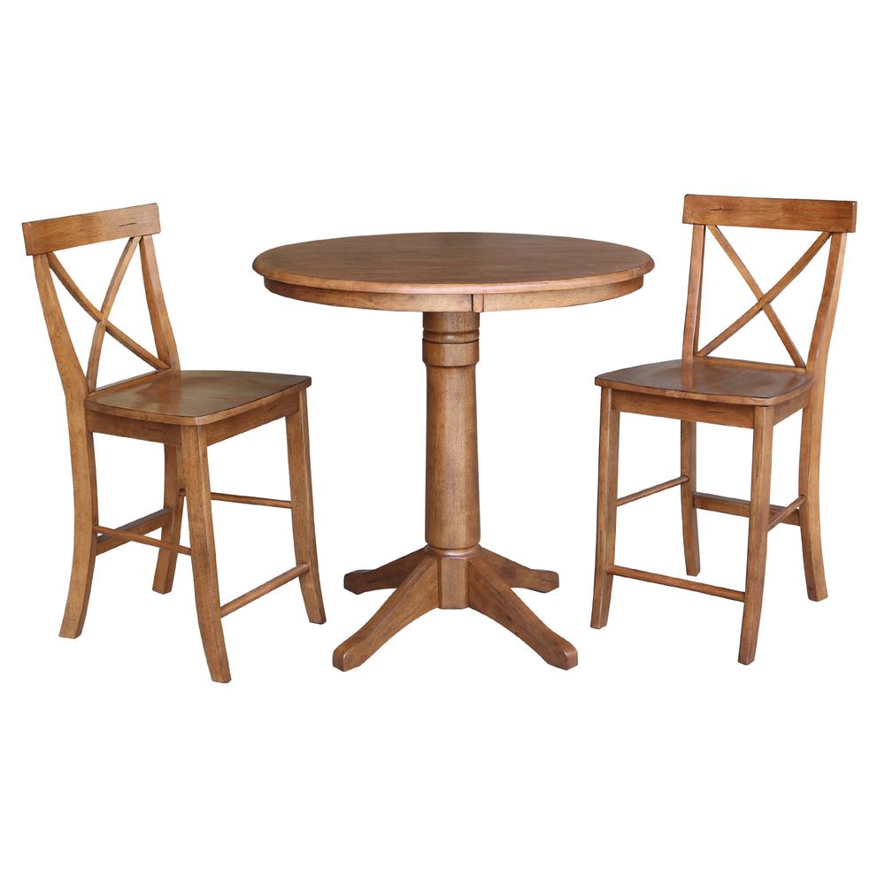 36" Round Pedestal Gathering Height Table with 2 X-Back Counter Height Stools