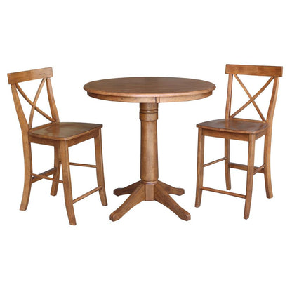 36" Round Pedestal Gathering Height Table with 2 X-Back Counter Height Stools
