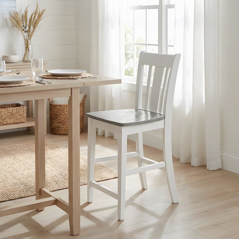 Solid Hardwood Counter Height Stool, Wipe-Clean Bar Chair, White/Heather Gray