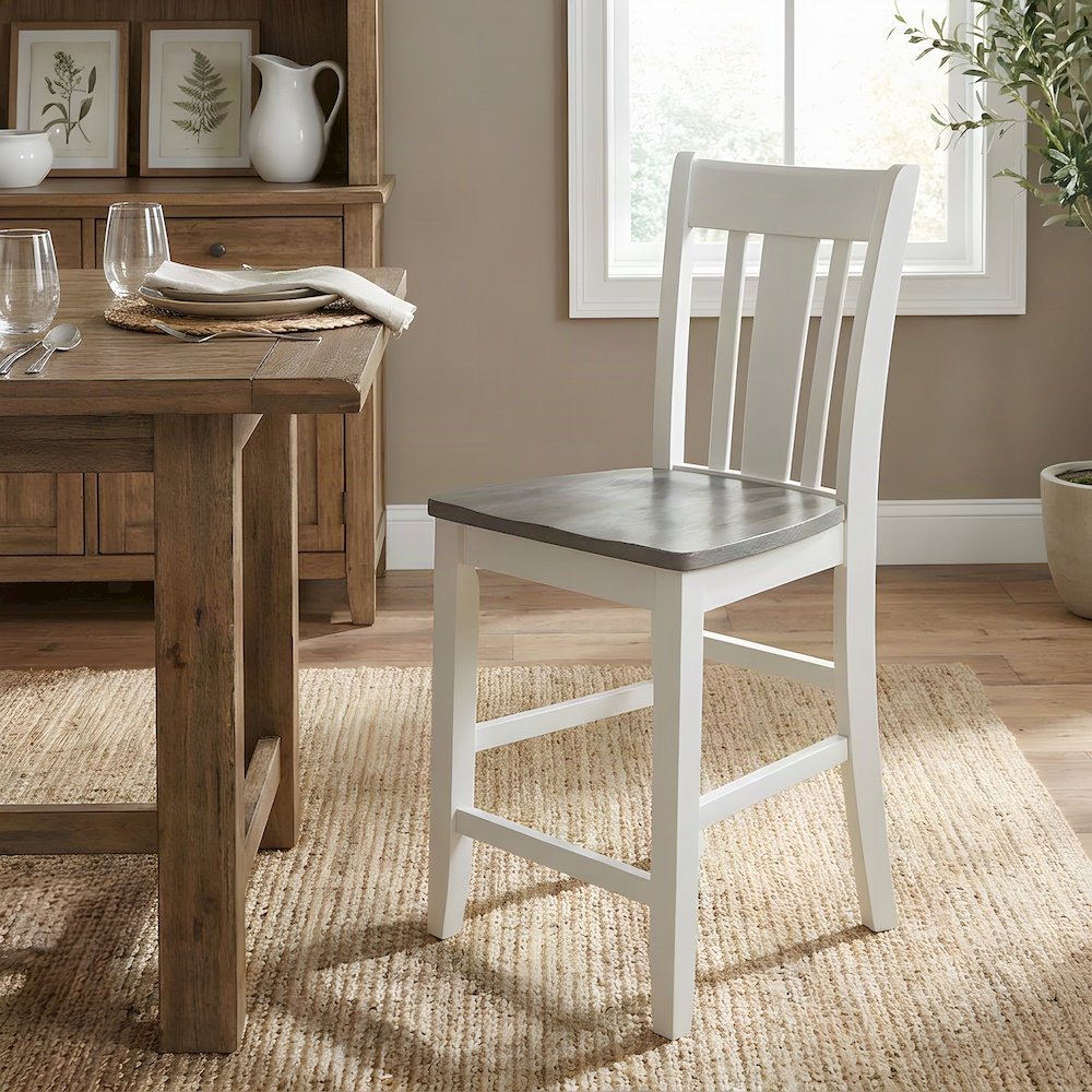 Solid Hardwood Counter Height Stool, Wipe-Clean Bar Chair, White/Heather Gray