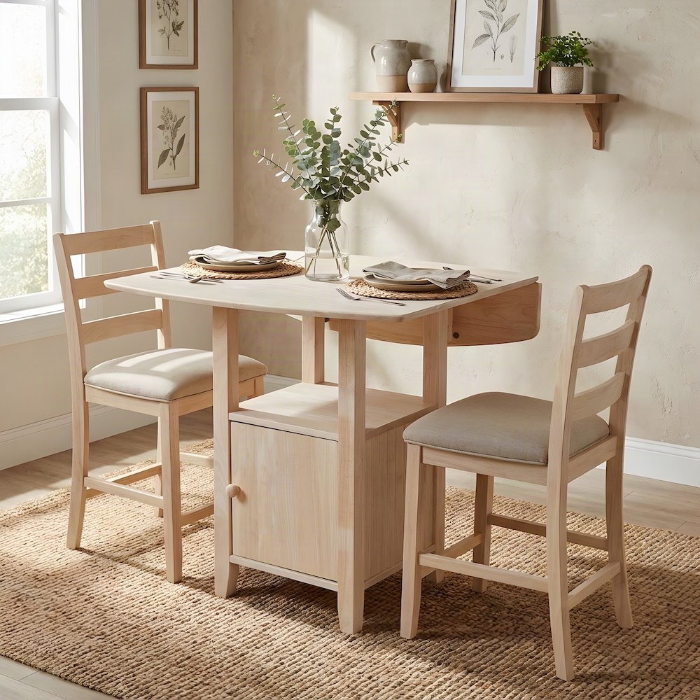 Parawood Drop Leaf Bistro Counter Table, Bar Height with Storage, Cream