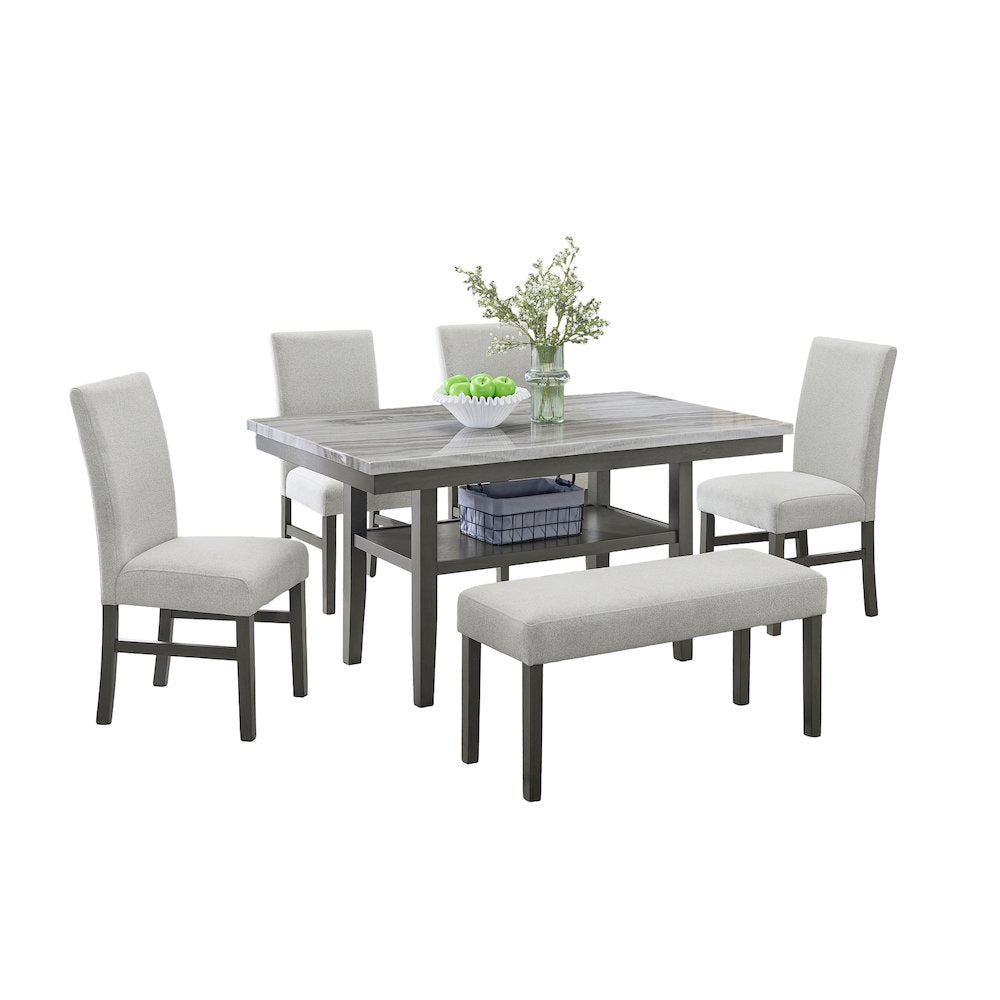 Selena 6-Piece 60" Rectangular Gray Faux Marble Dining Set with 4 Chairs & Bench