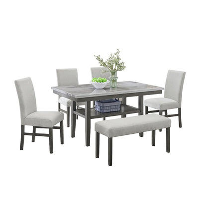 Selena 6-Piece 60" Rectangular Gray Faux Marble Dining Set with 4 Chairs & Bench