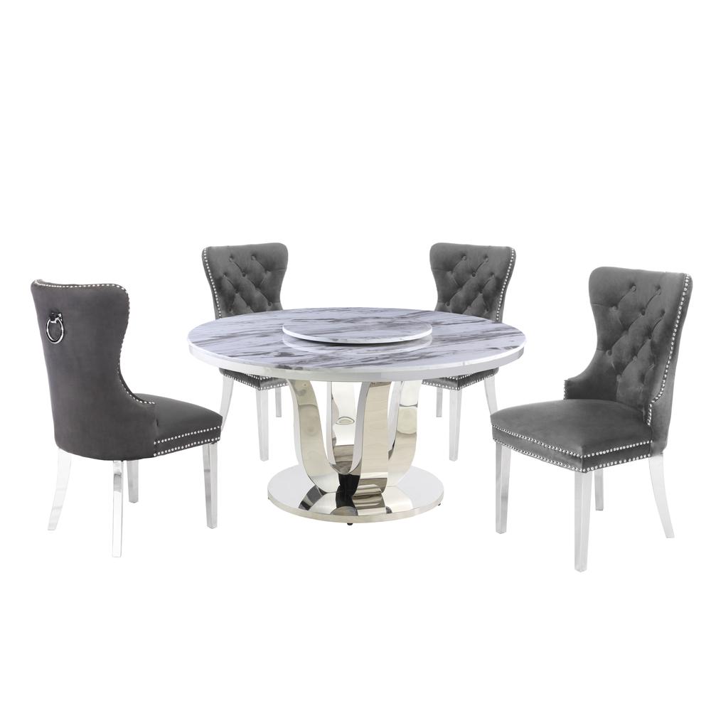 White Marble Round 5 piece Dining Set Ring Chairs in Dark Gray Velvet - Lazy Susan