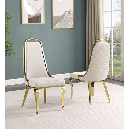 9pc Large(87") marble top dining set with gold base and 8 Cream side chairs