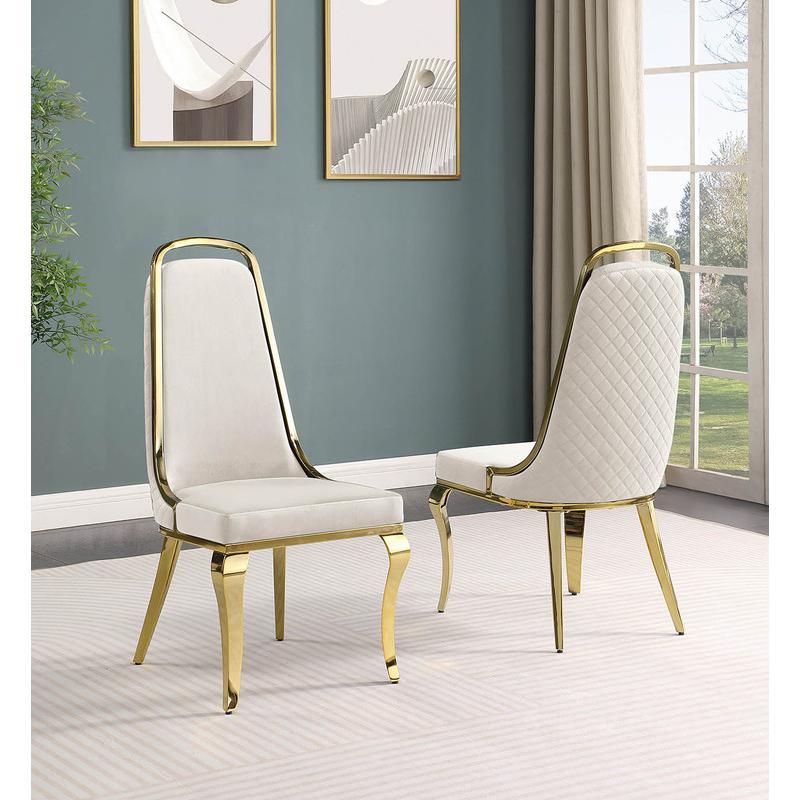 7pc Large (87") marble top dining set with gold base and 6 Cream side chairs