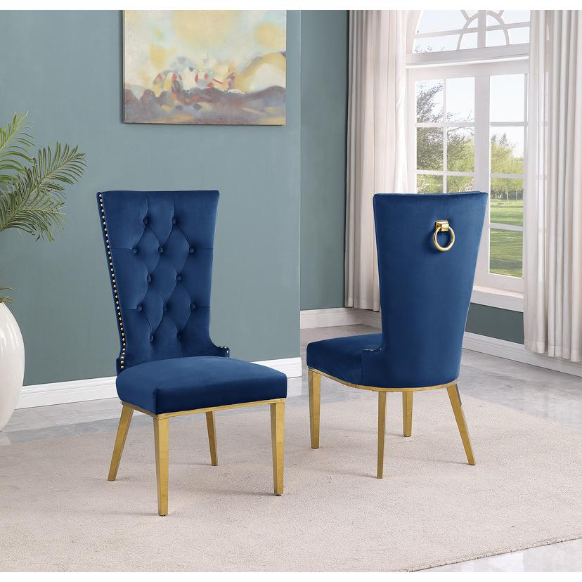 7pc Small(68") marble top dining set with gold base and 6 Navy blue side chairs