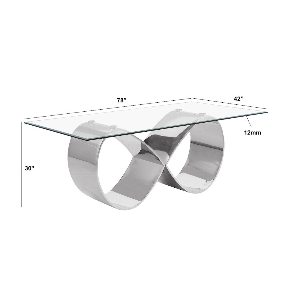 78X42 Tempered Glass Dining Table With An Infinity Silver Stainless Steel Base