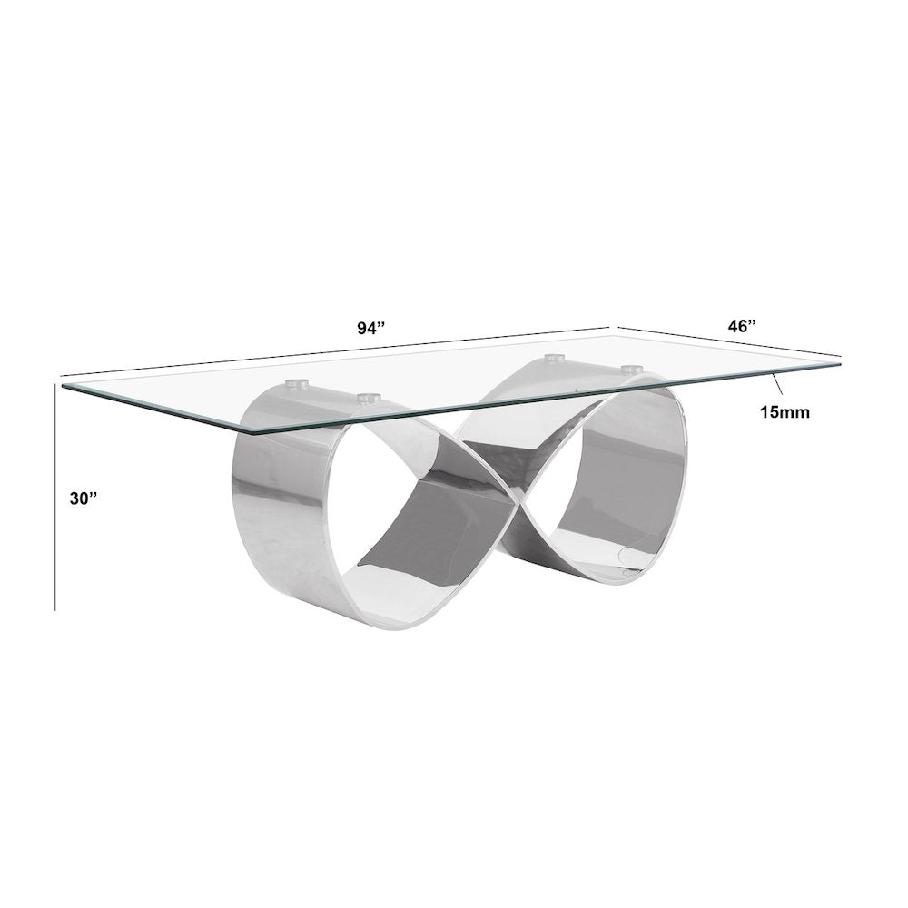 94X46 Tempered Glass Dining Table With An Infinity Silver Stainless Steel Base