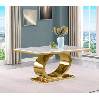 5pc Small(68") marble top dining set with gold base and 4 Cream side chairs