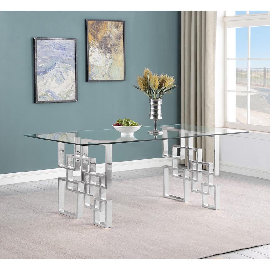 5-piece glam dining set with 4 dark grey chairs and a 79" long glass  table