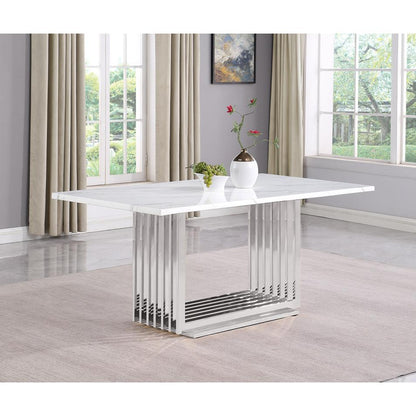7pc Small(68") marble top dining set with silver base and 6 Navy Blue chairs