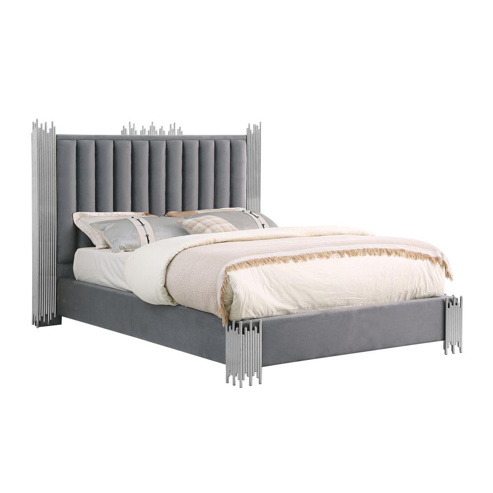 Eastern King size Dark grey velvet bed with silver corners (Platform)