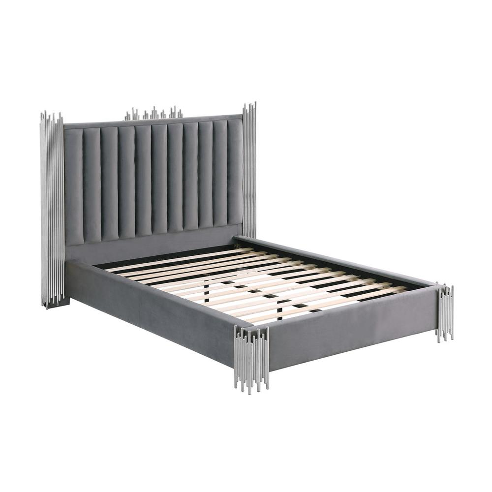 Eastern King size Dark grey velvet bed with silver corners (Platform)