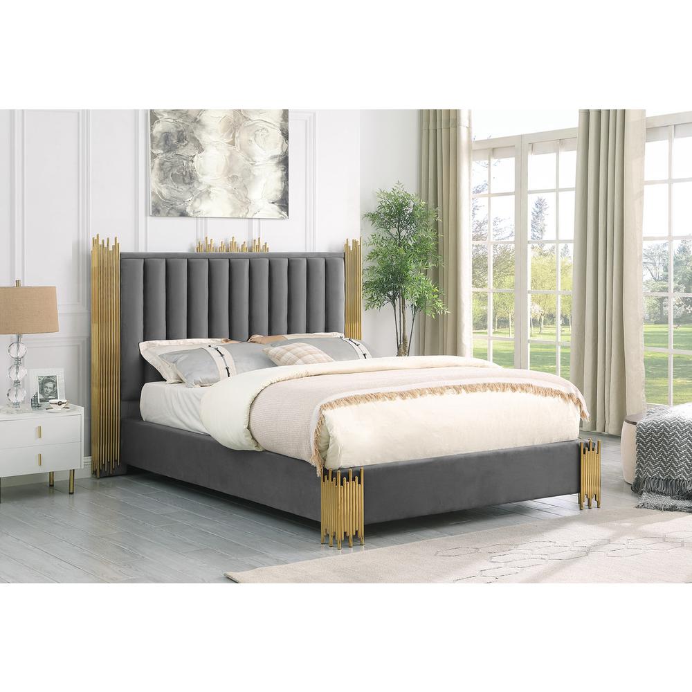 Eastern King size Dark grey velvet bed with gold corners (Platform)