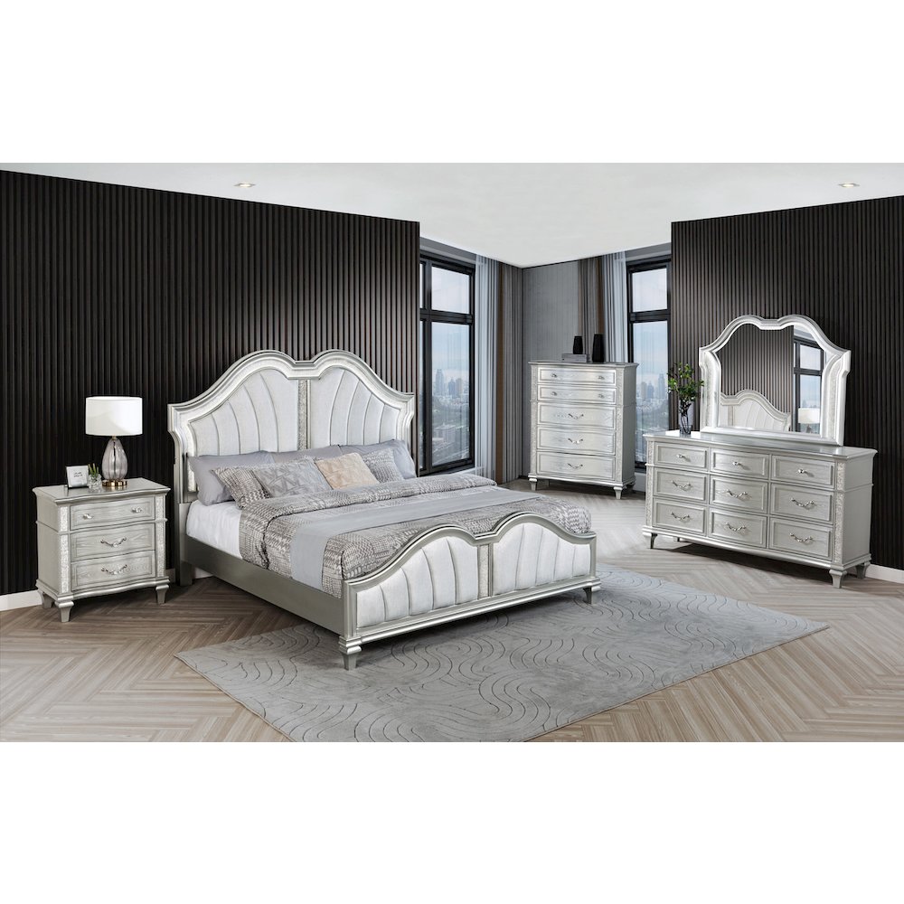 5 Piece Silver Queen Panel Bedroom Set ( Qb+Dresser+Mirror+Nightstand+Chest)