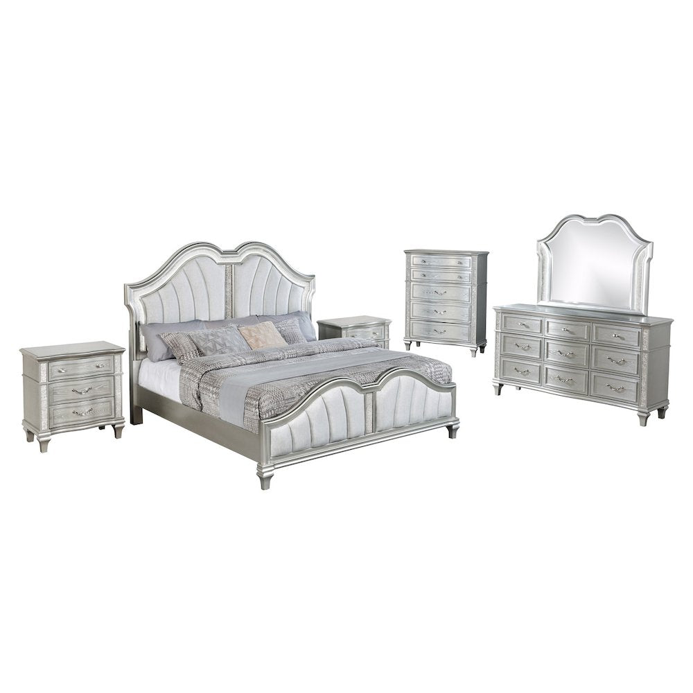 6 Piece Silver Queen Panel Bedroom Set ( Qb+Dresser+Mirror+2Ns+Chest)