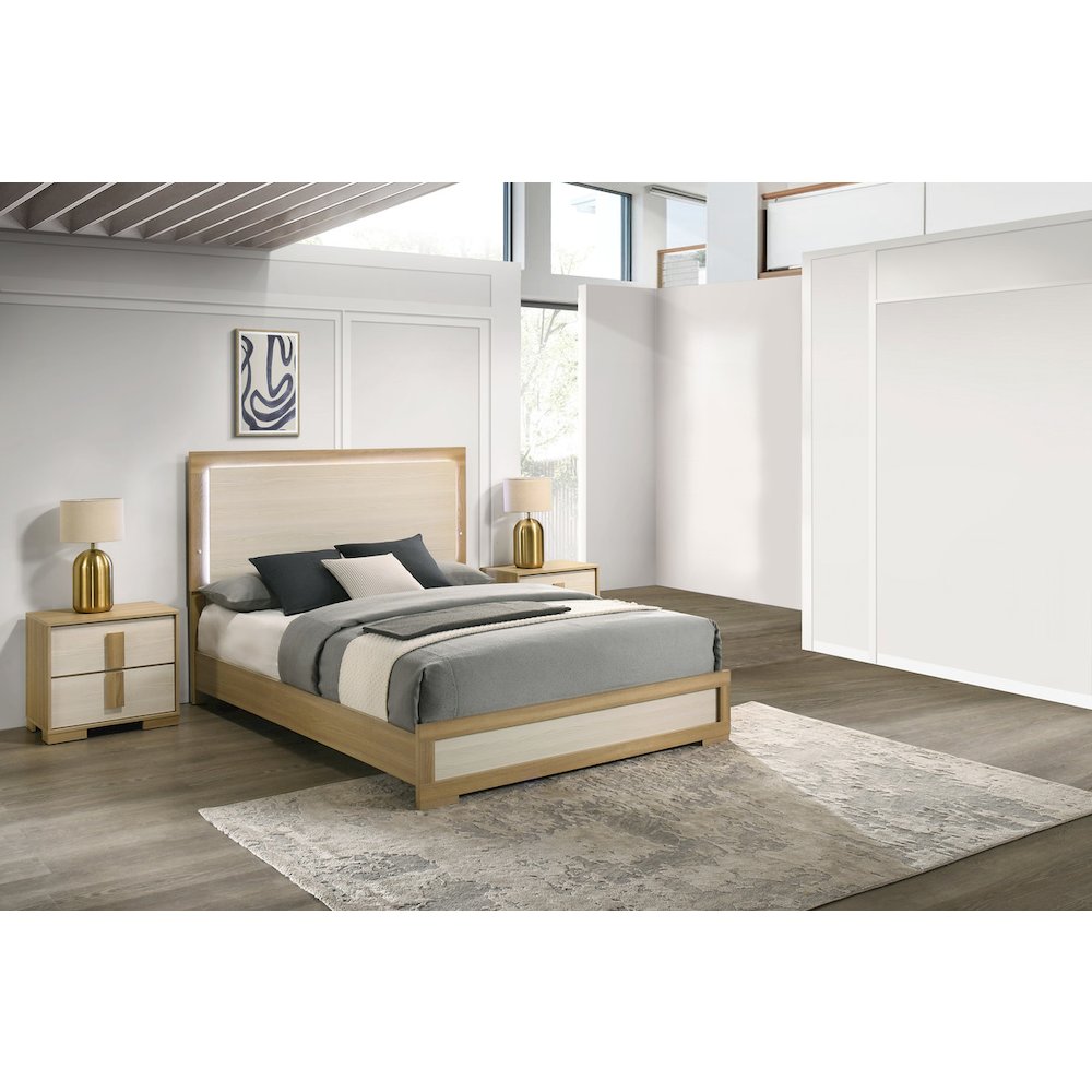 3 piece - Beige wood bedroom set (bed+2Night stands)