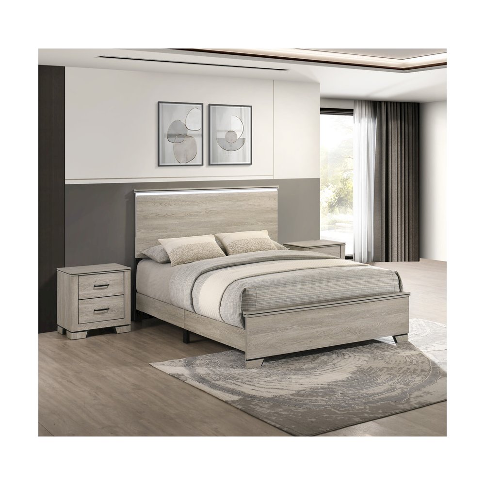 3pc Queen Panel Bedroom Set Greige Rustic Oak  (Bed, 2 Nightstand)