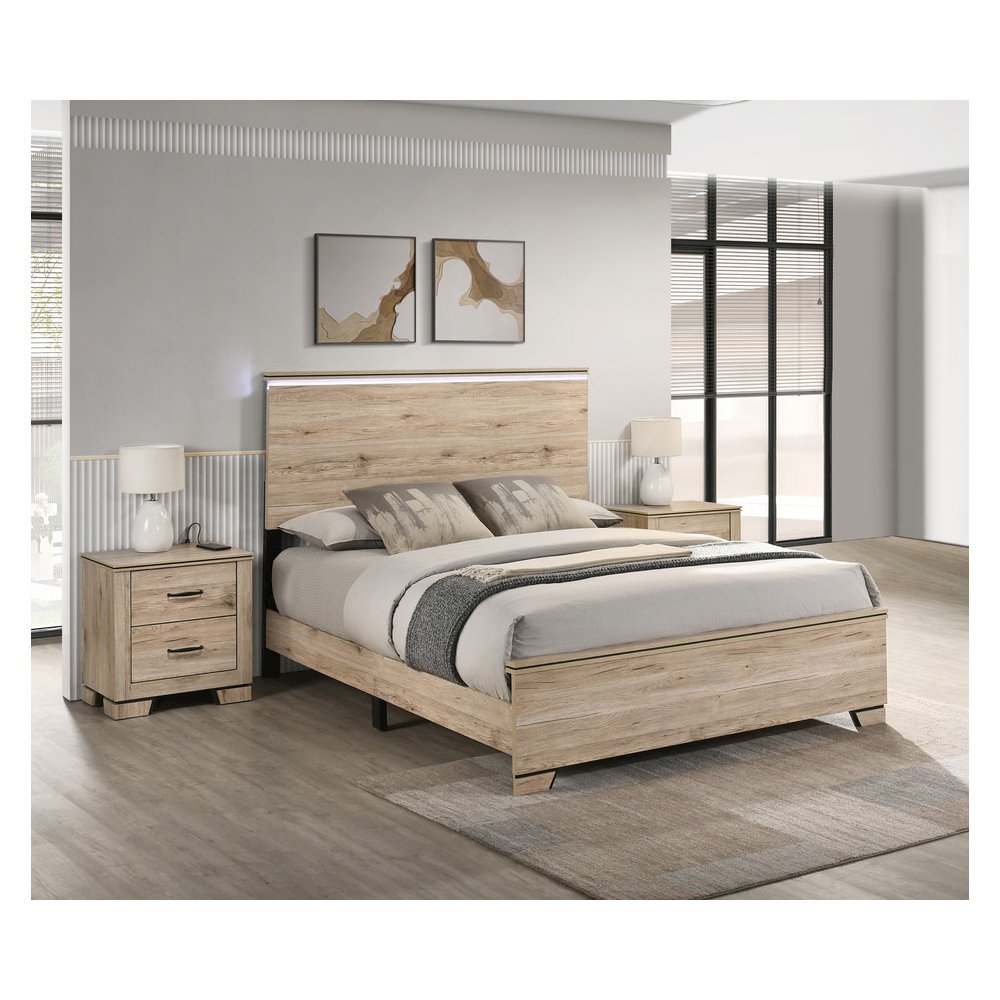 3pc Queen Panel Bedroom Set Light Oak  (Bed, 2 Nightstand)
