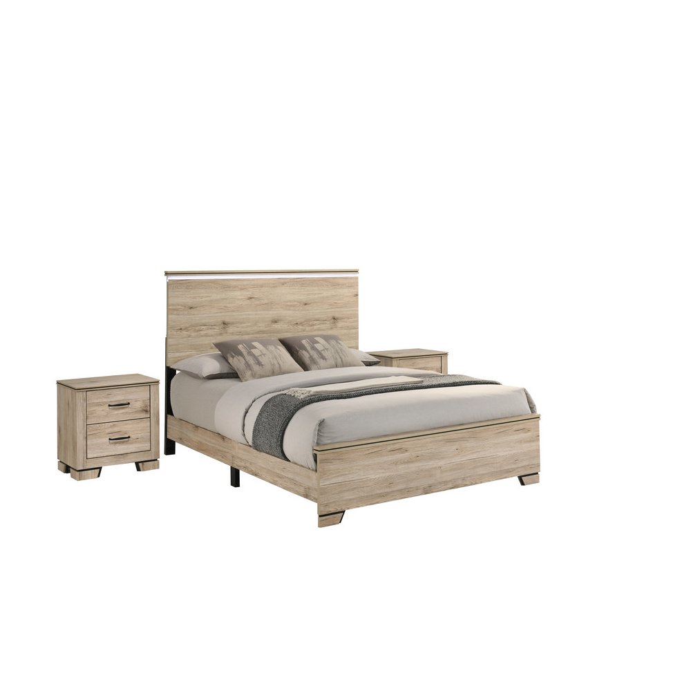 3pc Queen Panel Bedroom Set Light Oak  (Bed, 2 Nightstand)