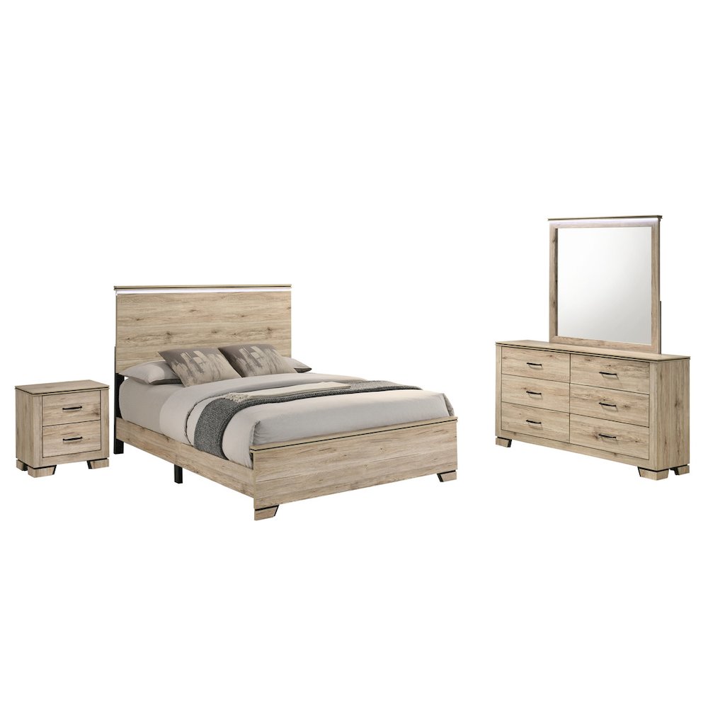 4pc Queen Panel Bedroom Set Light Oak  (Bed, Dresser, Mirror,  Nightstand)